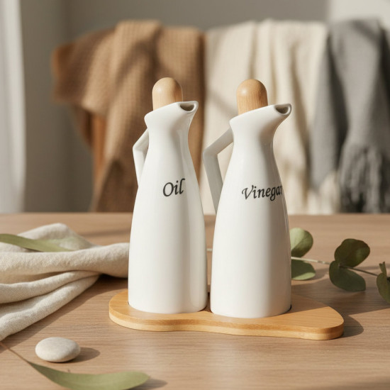 Ceramic Oil Dispenser with Wooden Base - 2 Pcs